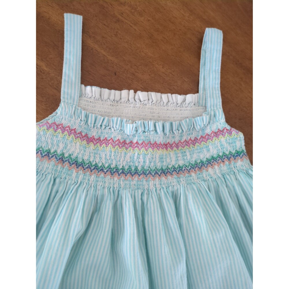 Mini Boden Girls Fun Appliqué Sun Dress Aqua Blue Ticking Parrot size 7/8 GUC - Picture 8 of 10